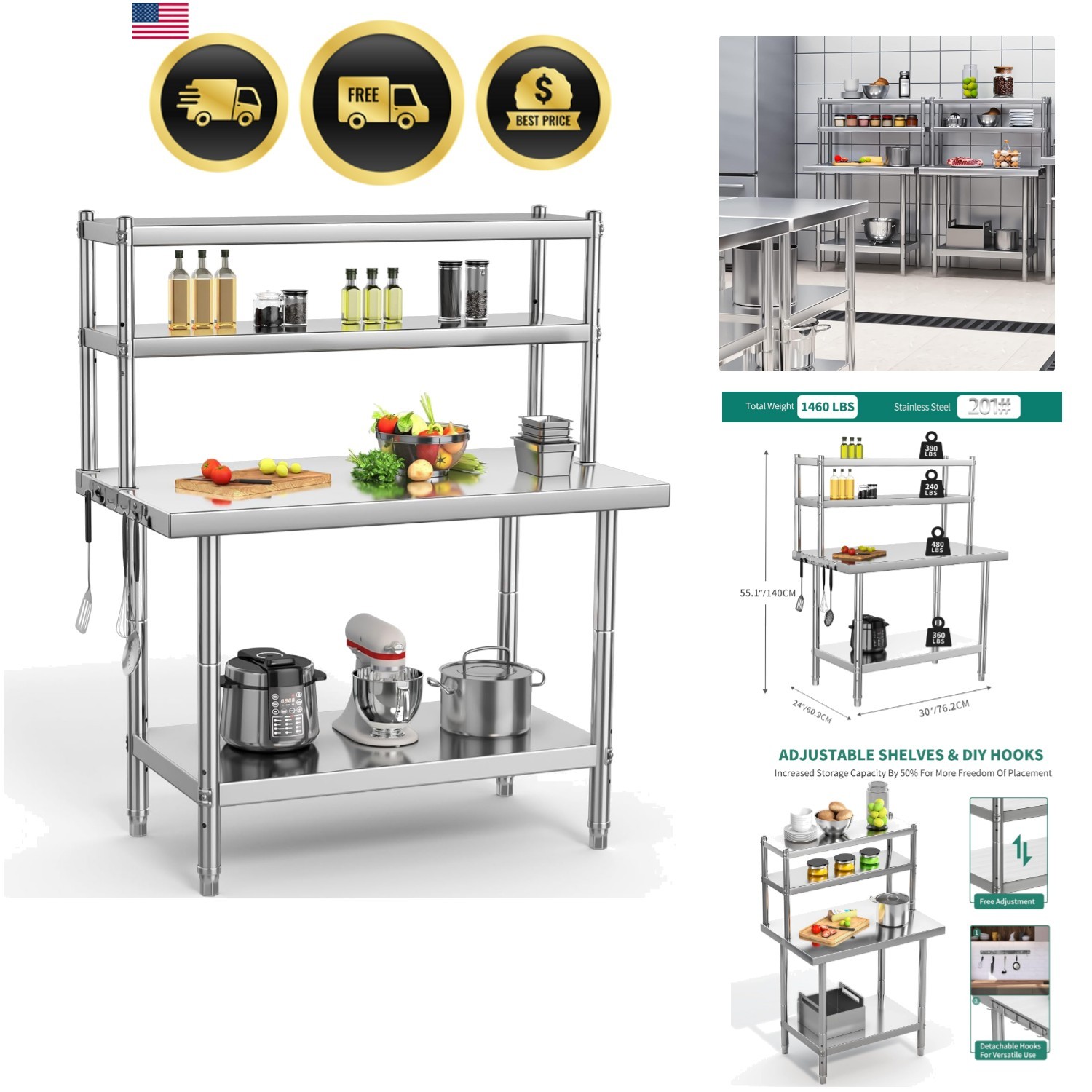 NSF Stainless Steel Work Table With Overshelves, 30″ X 24″ With 30″ X 12″ She…