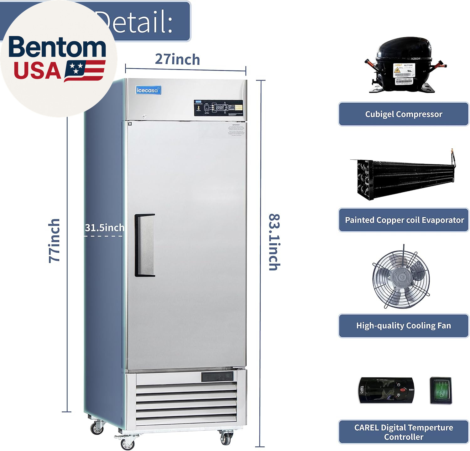 27″ W Commercial Refrigerator Reach-In 23 Cu.Ft Single Solid Door Stainless Stee