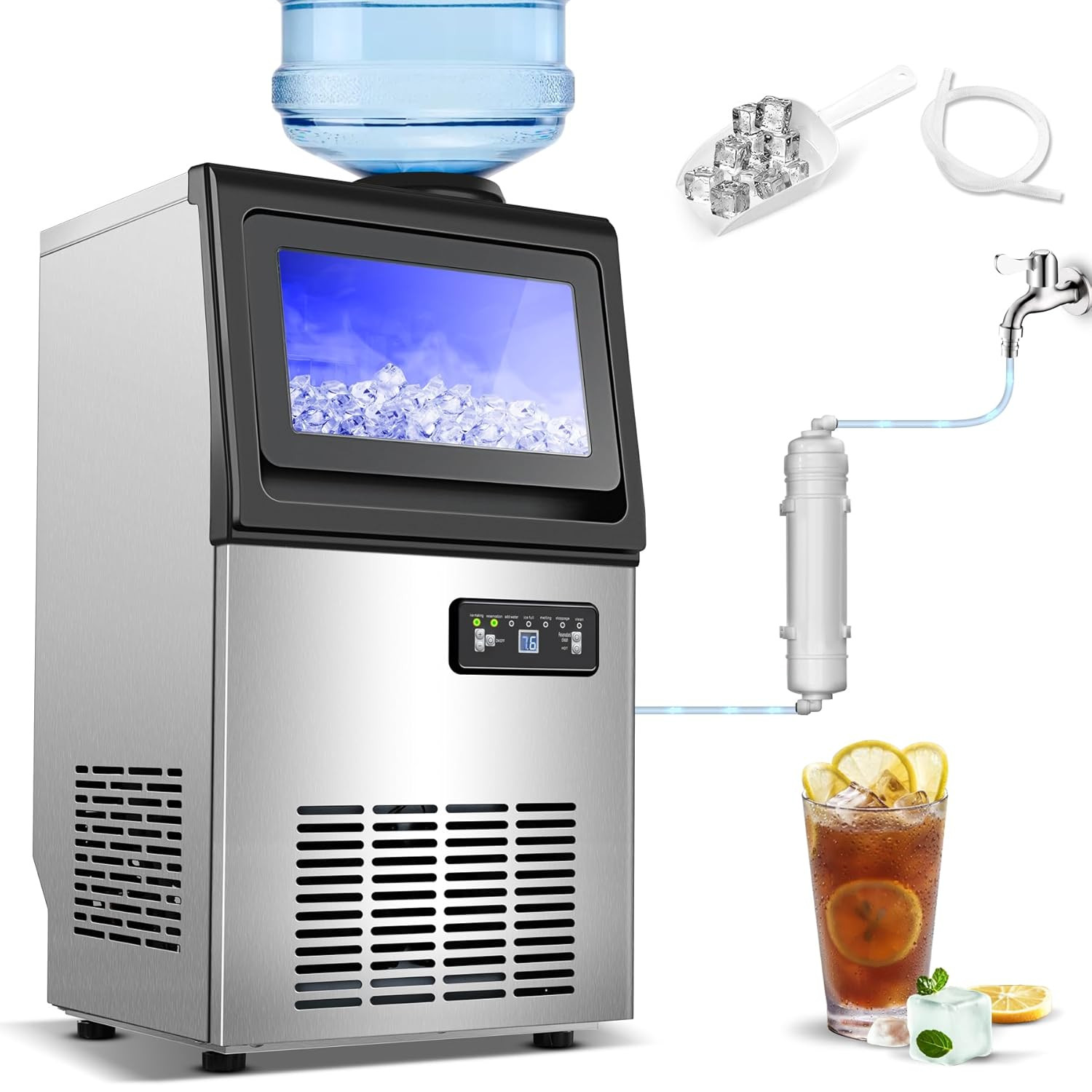 Commercial Ice Maker, 110Lbs/24H under Counter Ice Maker with 2 Water Inlet, Ice