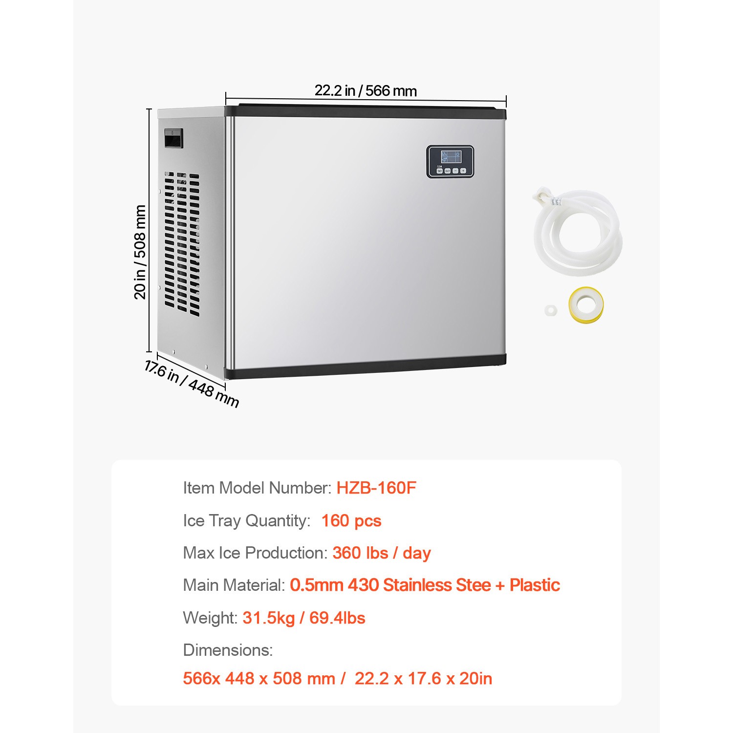 Commercial Ice Maker Machine – Head 360 lbs/Day Self-Cleaning Ice Machine