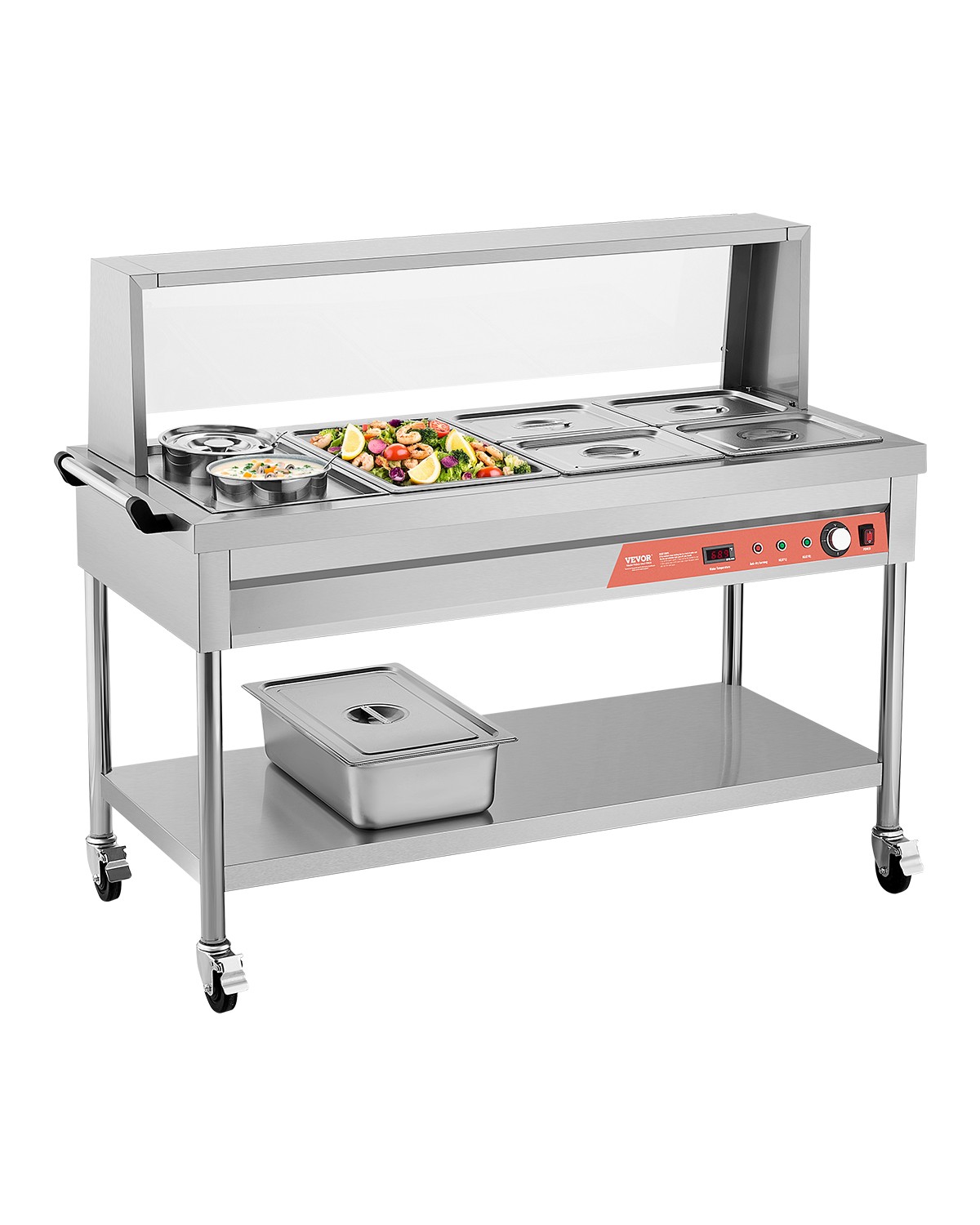 VEVOR 5 Pans + 2 Pots Commercial Food Warmer Steam Table with Undershelf Shield