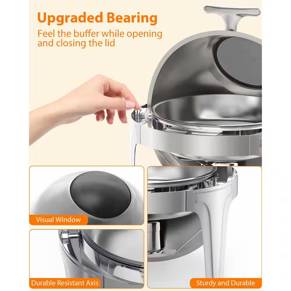 6.3 Qt. round Stainless Steel Chafing Dish Buffet Server with Visible Roll Top,
