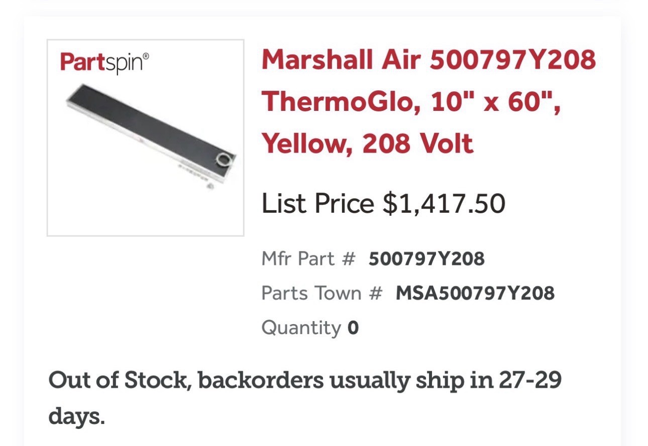 Marshall Air Systems ThermoGlo Strip Warmer 500797Y208 208 Volt. 10” X 60”