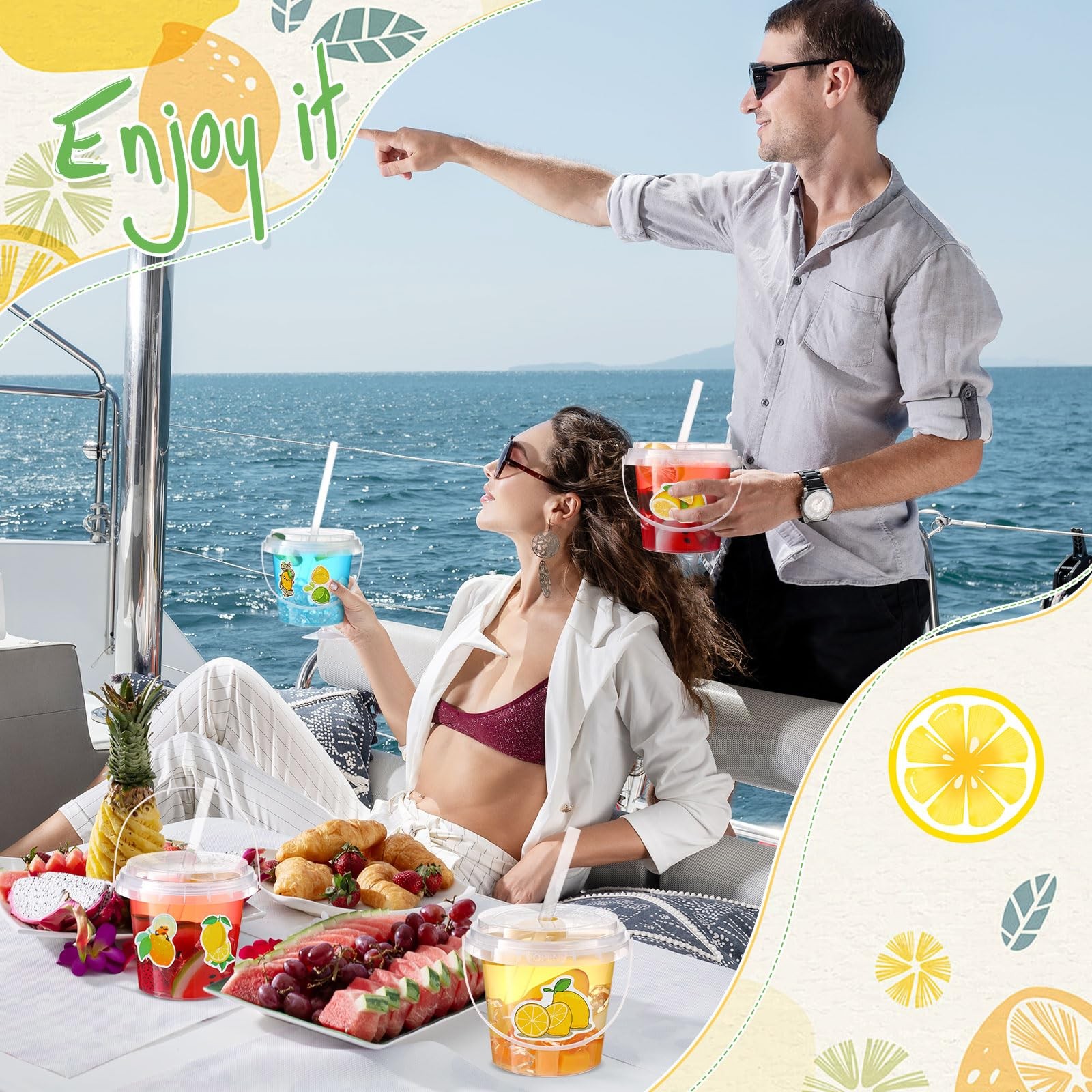Funnymoom 50 Set Lemonade Buckets with Lids and Straws 24oz 24 oz, Yellow