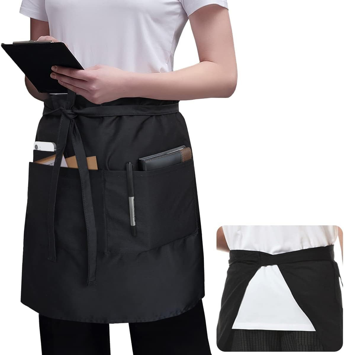 Server Apron Black with 3 Pockets 20 Inch Long Waiter Waitress Bistro Half Waist