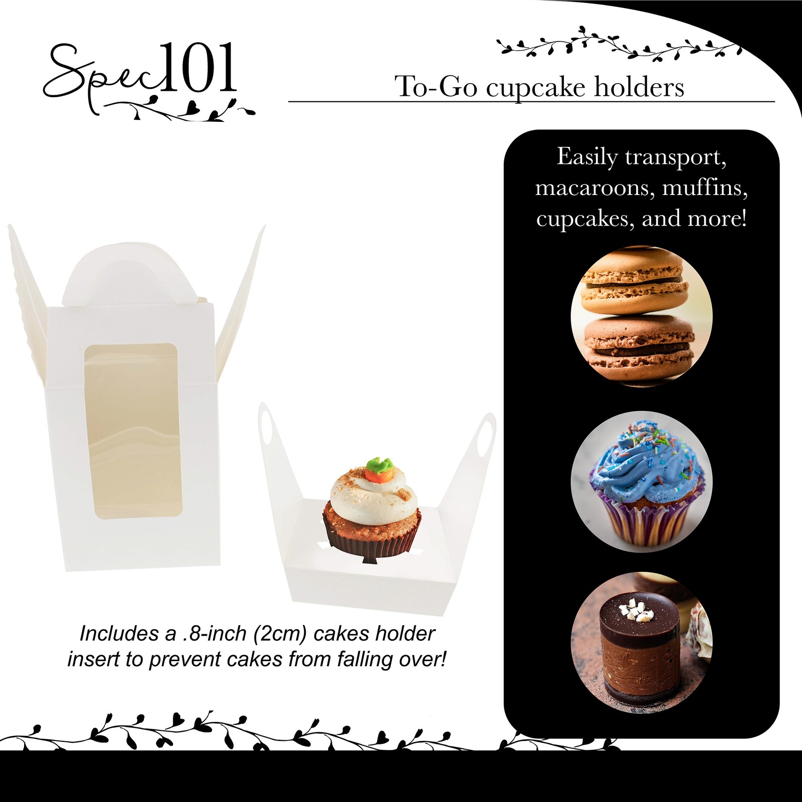Spec101 Cupcake Containers 100pk – Individual White Cupcake Box with Inserts