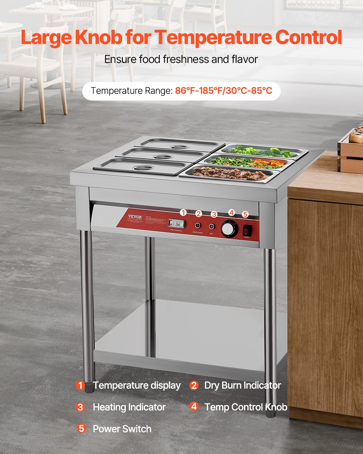 VEVOR 6 x 1/3 Pans Commercial Food Warmer Electric Steam Table with Undershelf