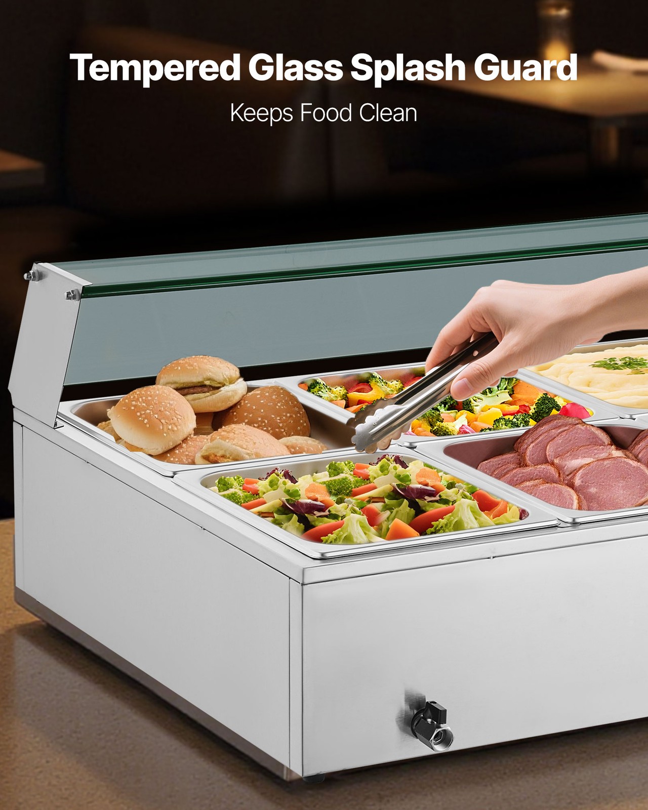 VEVOR Commercial Food Warmer 10-Pan 1700W Buffet Bain Marie with Glass Cover