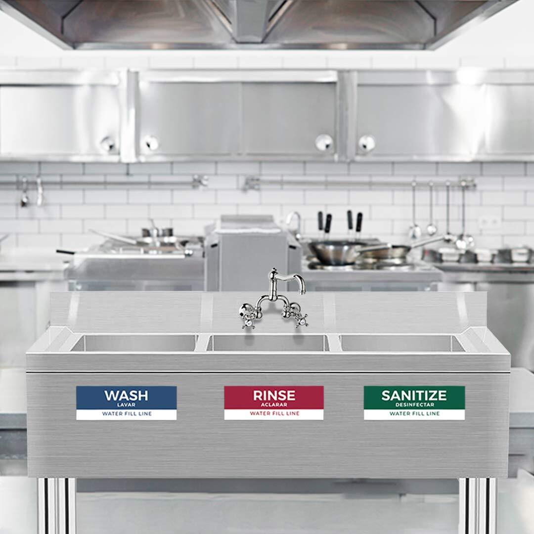 5Pk Wash Rinse Sanitize Kitchen Sink Labels for 3 Compartment Dishwashing Sinks