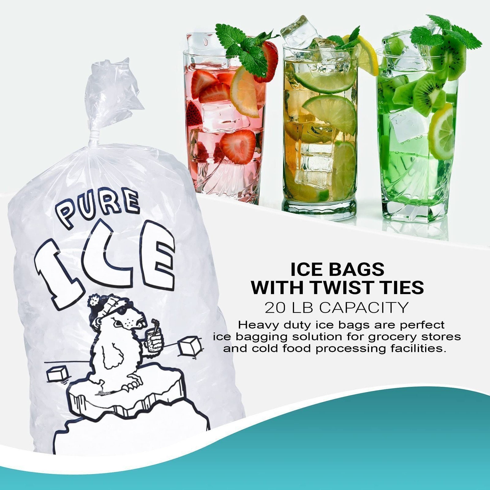 500 20 lbs Wicket Ice Bags 14.25×28 + 4 Polar Bear Printed Icebags