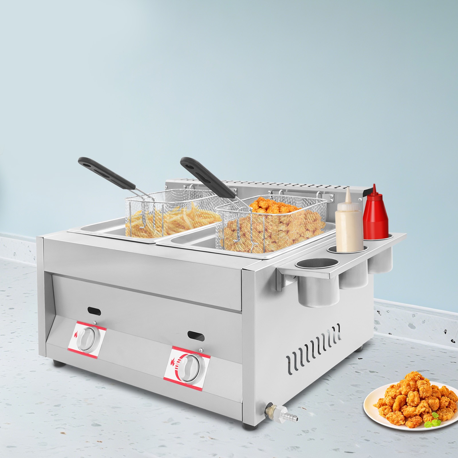 23.74*18.11*13.18″ Silver Commercial Dual Tank Kitchen Deep Fryer W/ Basket& Lid