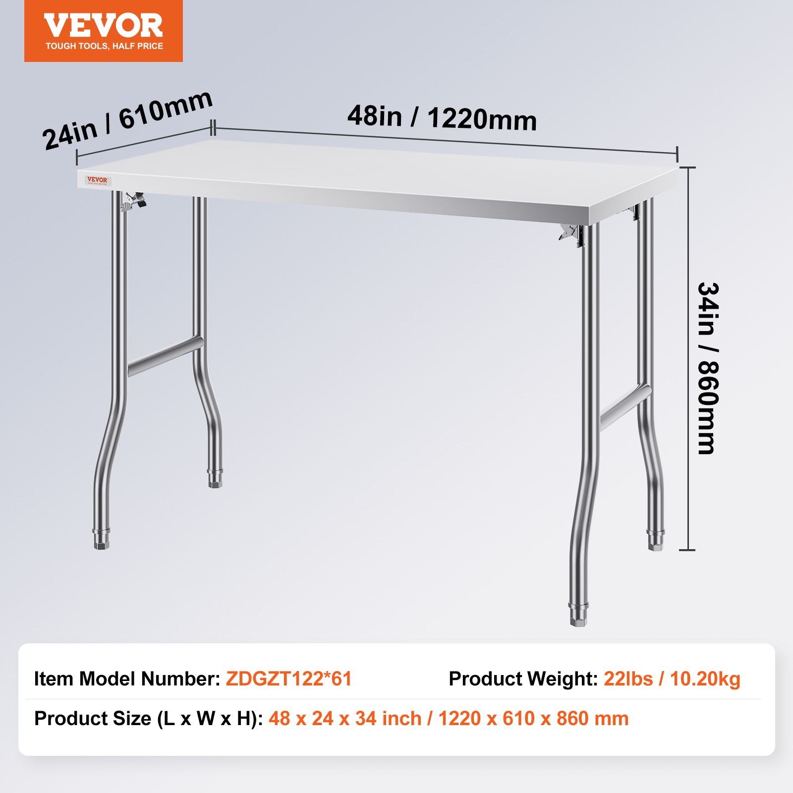 VEVOR Folding Commercial Prep Table Commercial Worktable Workstation 48 x 24 In