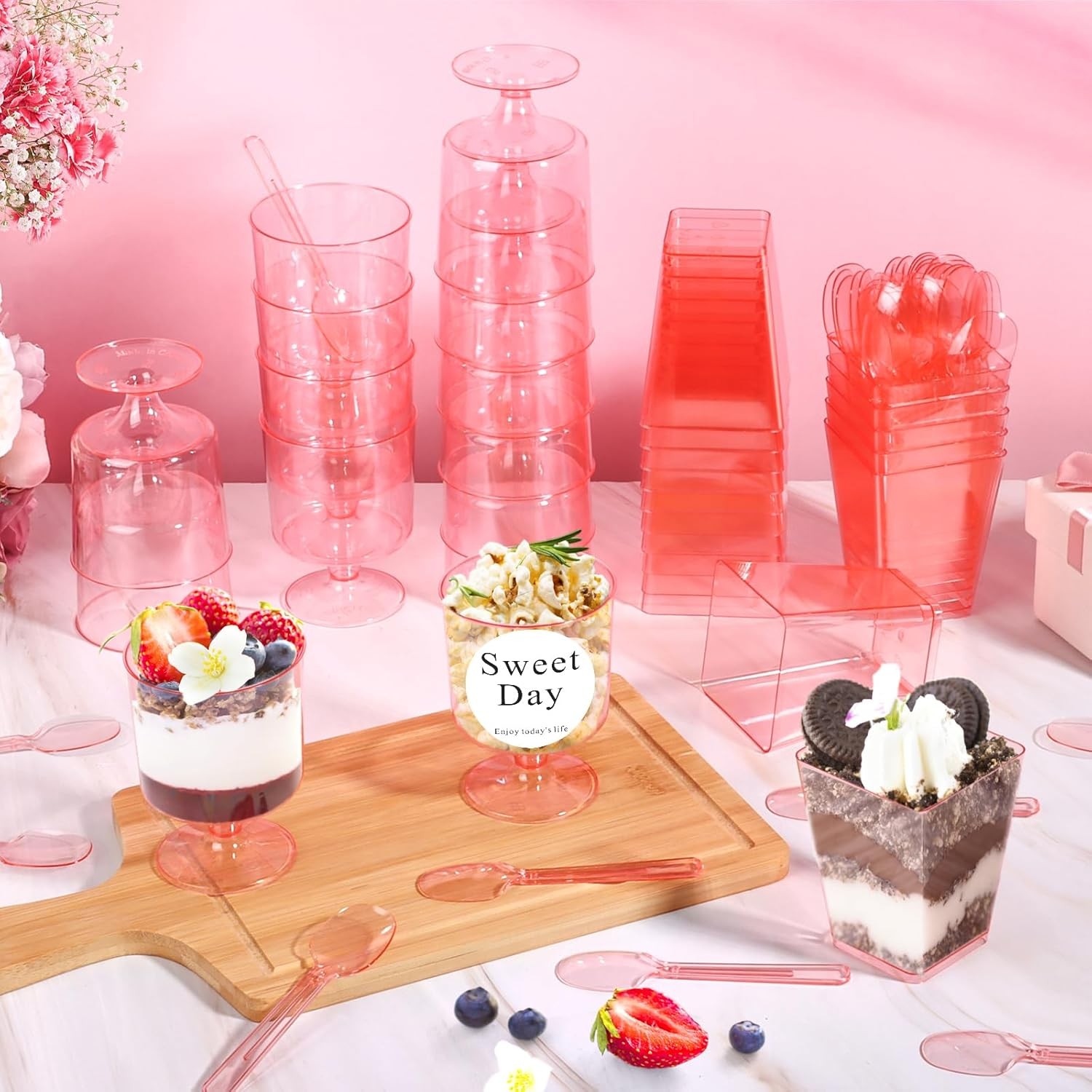 210 Pcs Mini Dessert Cups with Spoons Pink Clear Pastic Dessert Cups 5 oz,
