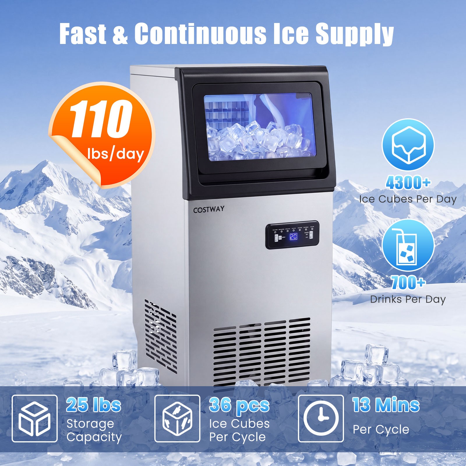 Commercial Ice Maker 110 lbs/24H, Stainless Steel Ice Machine w/25 lbs Capacity