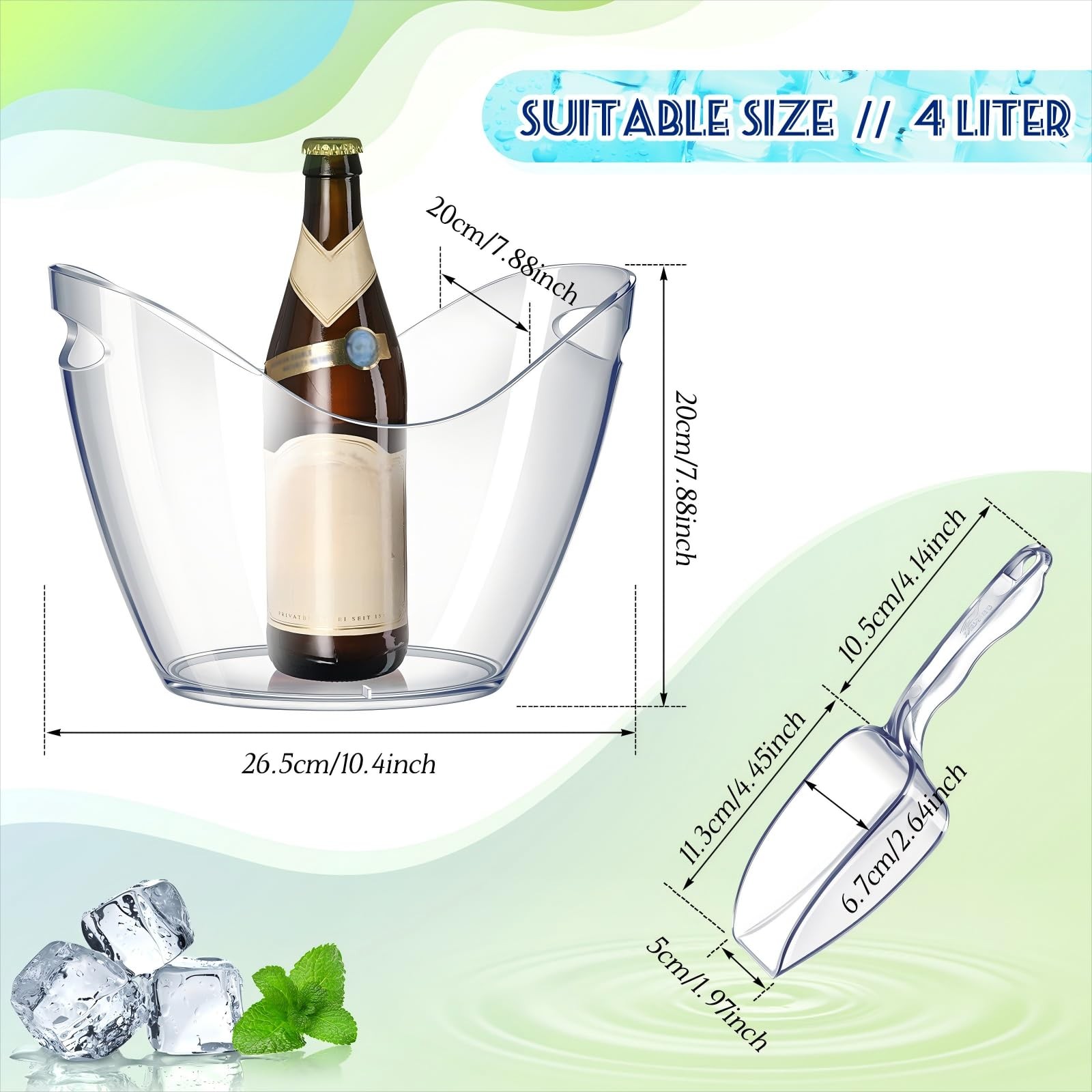 Cunhill 6 Pieces Plastic Clear Ice Bucket Scoops Clear Acrylic Ice Tub Plastic