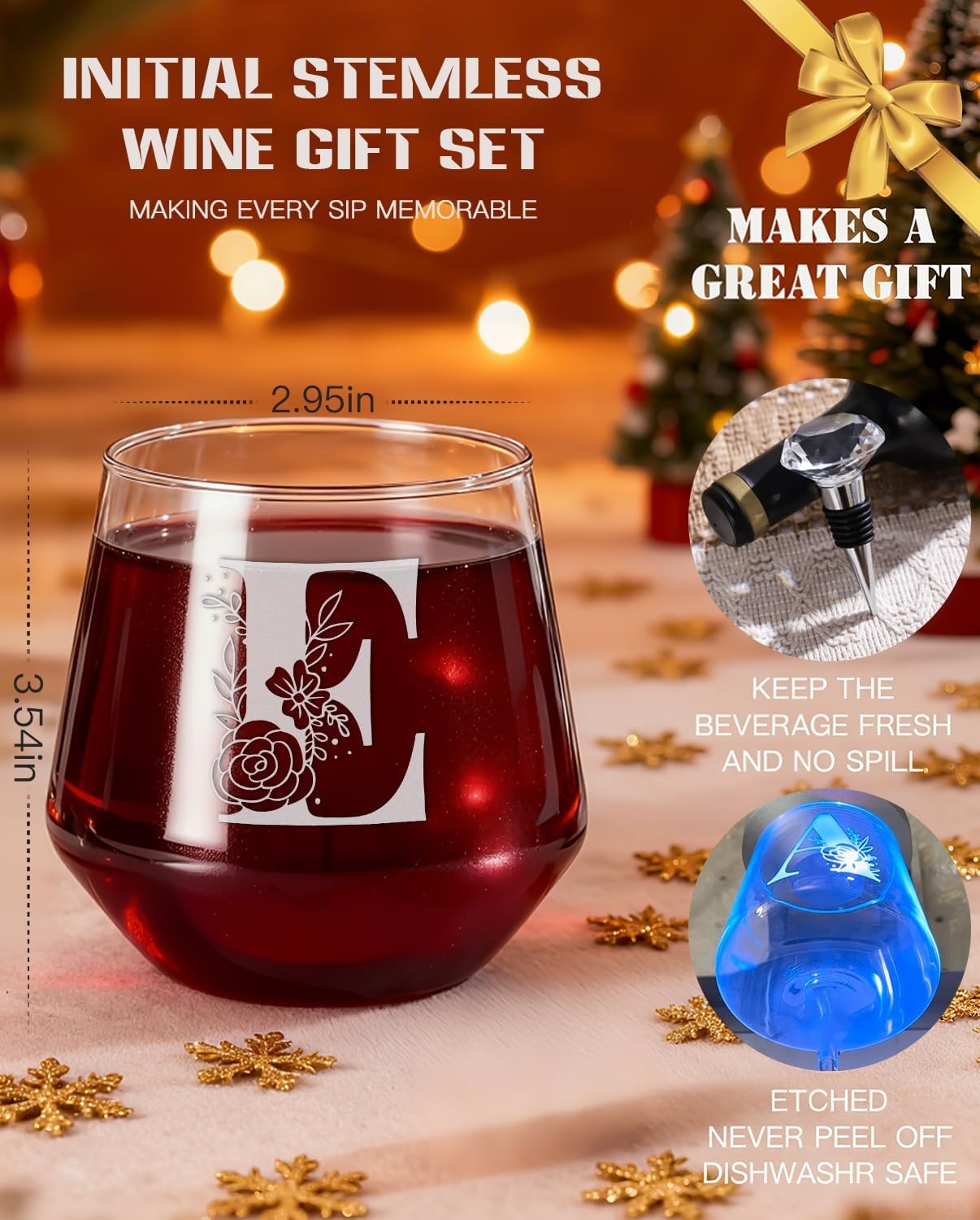 Personalized Wine Glass for Women, Stemless Monogram Wine Glass with A–Z Initial