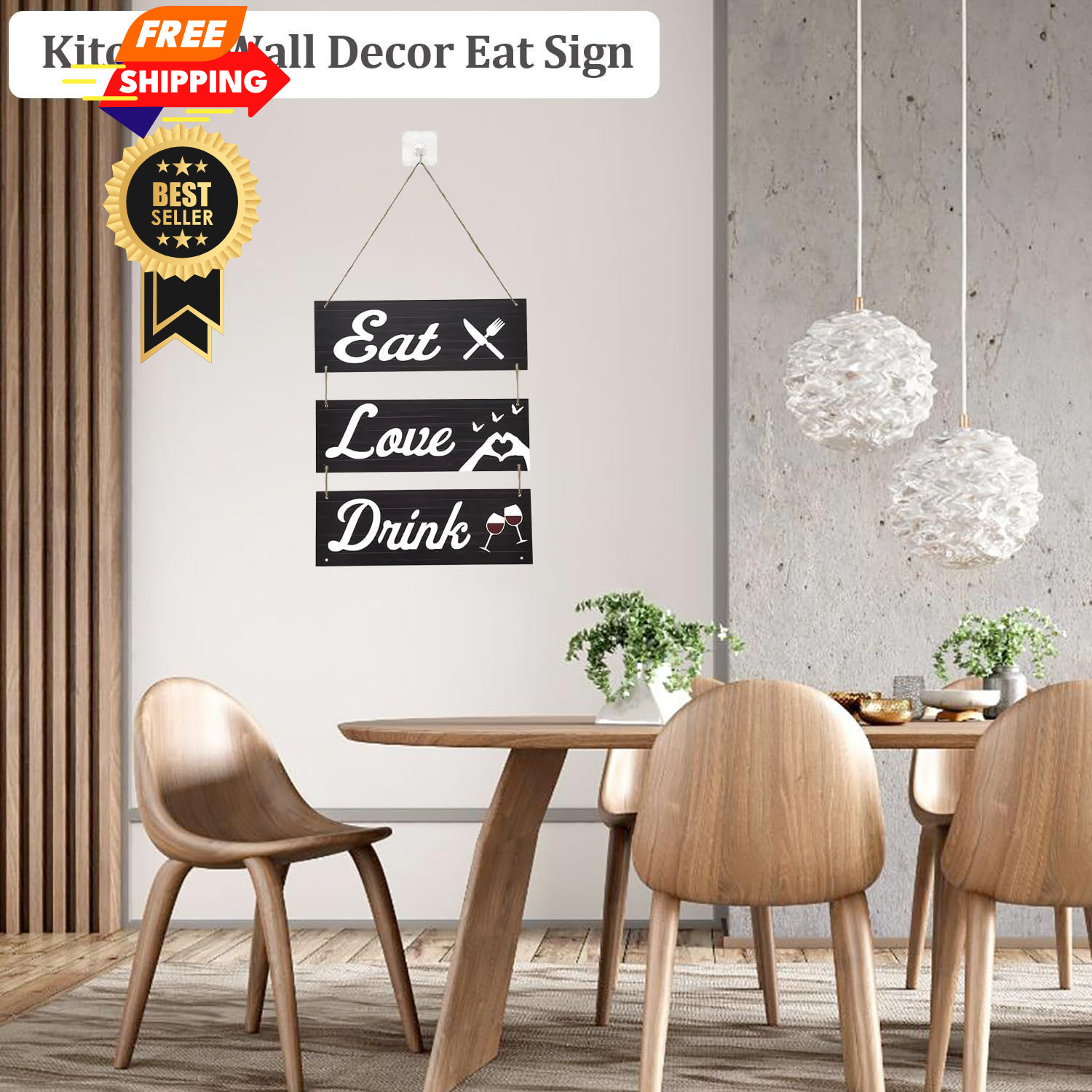 3 Pcs Farmhouse Kitchen Wall Decor Eat Sign, Love Black