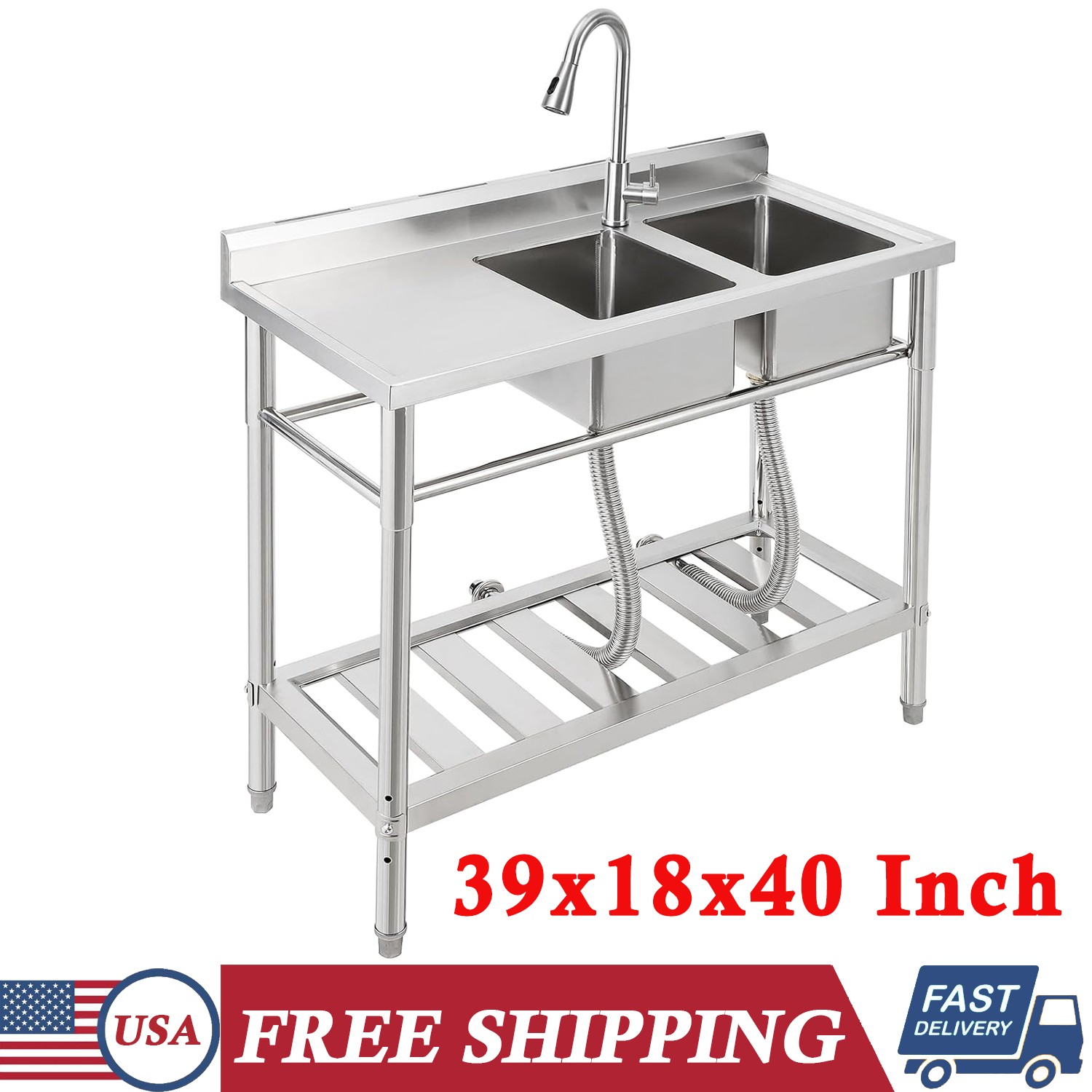 39″x18″x40″ Kitchen Sink Commercial 2 Compartments Stainless Steel Utility Sink