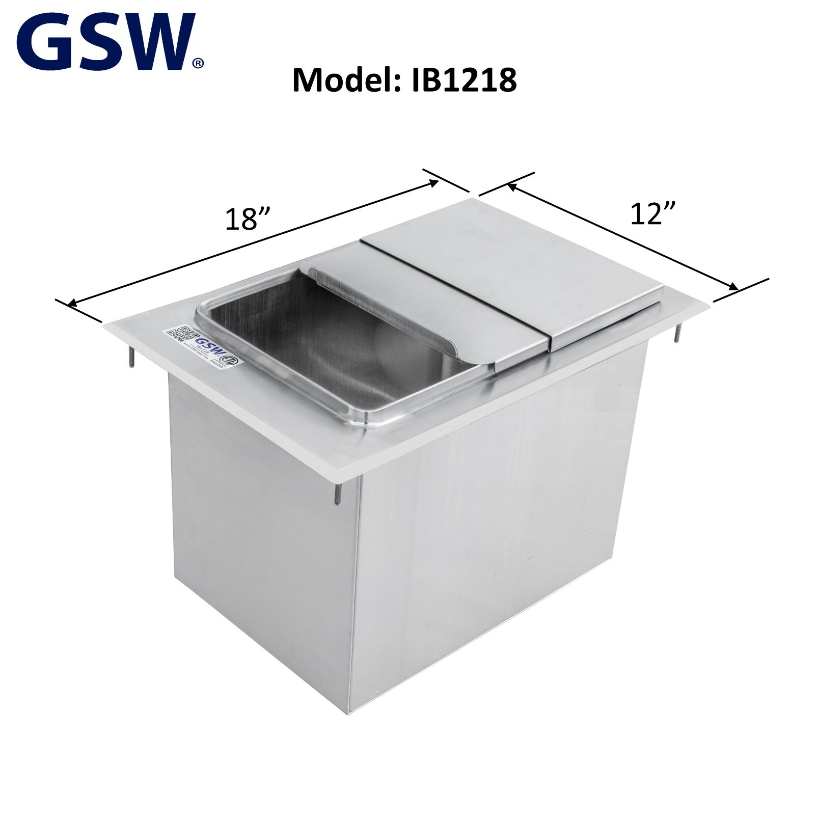 GSW IB1218 Stainless Steel Drop-In Ice Bin 18”D x 12”W x 14”H with Sliding Cover