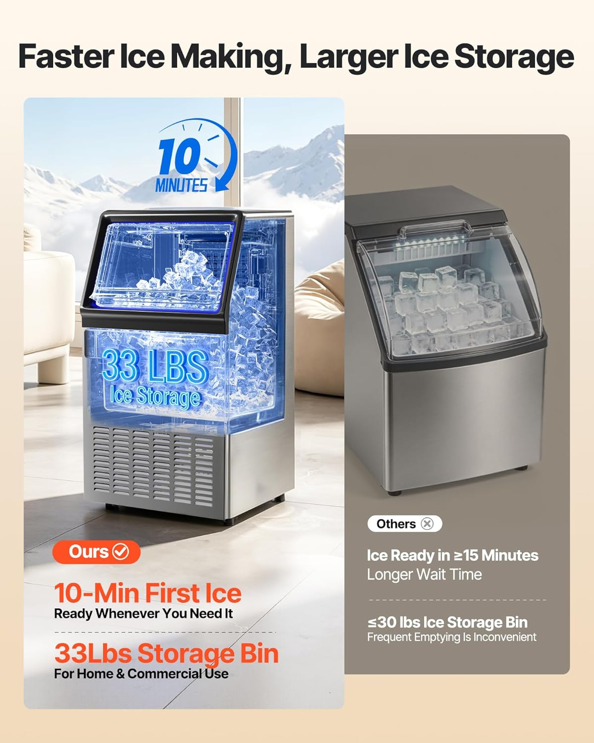 Commercial Ice Maker Machine, 120 Lbs/24H Ice Production, 33 Lbs Storage Bin, 45