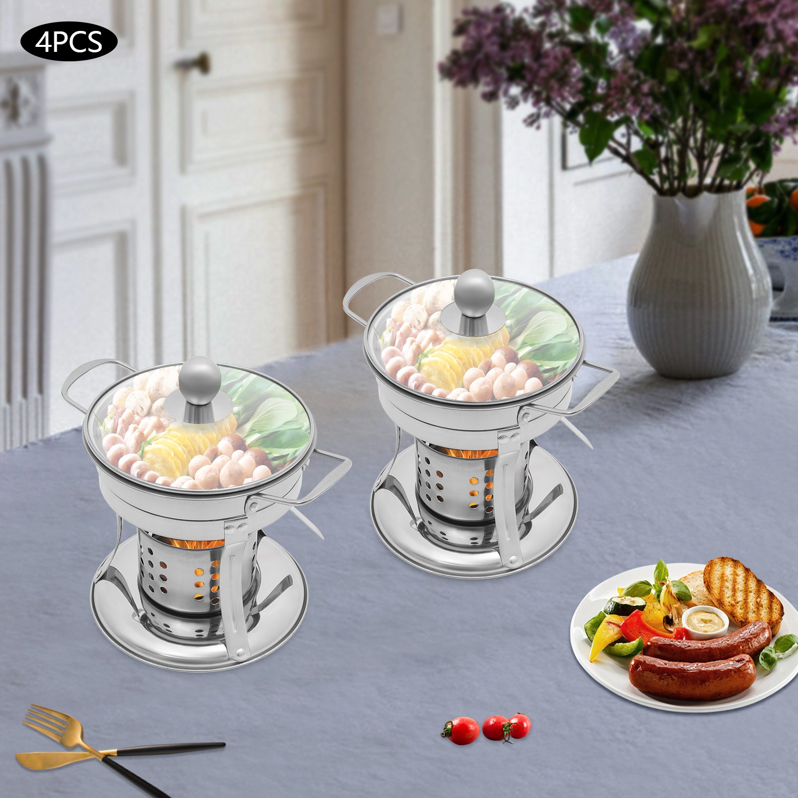 4-Pack 410 Stainless Steel 5L Chafing Dish Set with Glass Lids for Buffet