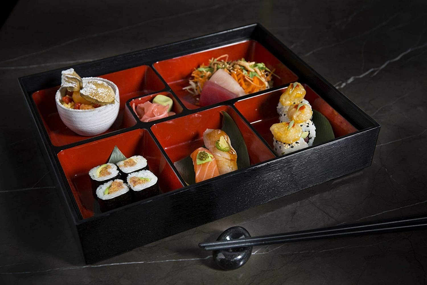 Japanbargain Japanese Red Lacquered Bento Lid 6 Compartments Removable Bento