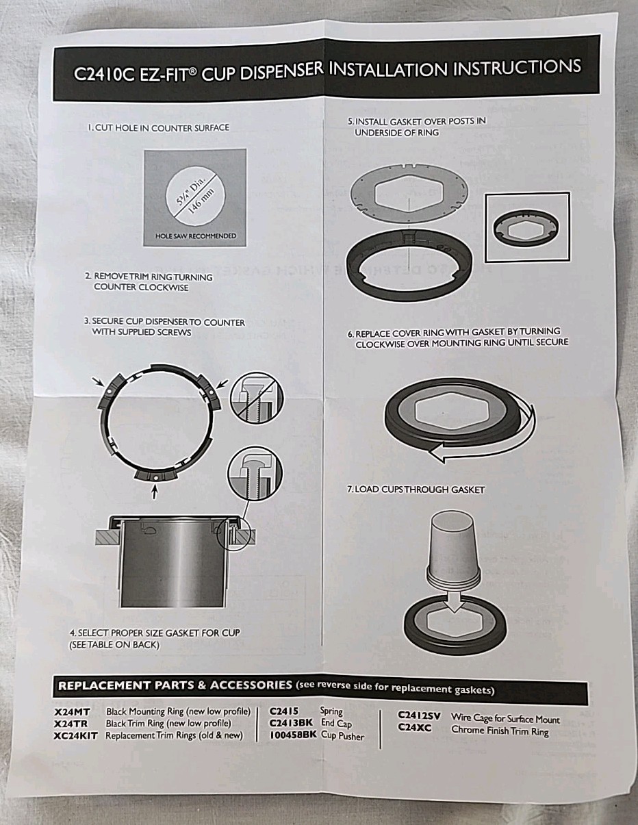 San Jamar XC2426 Replacement Gaskets for Cup Dispenser Various Sizes 18 In Pack
