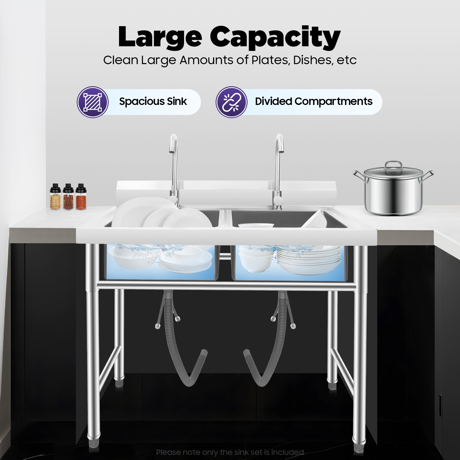 Stainless Steel Sink 2 Compartment Commercial Kitchen Sink w/Faucet Utility Sink