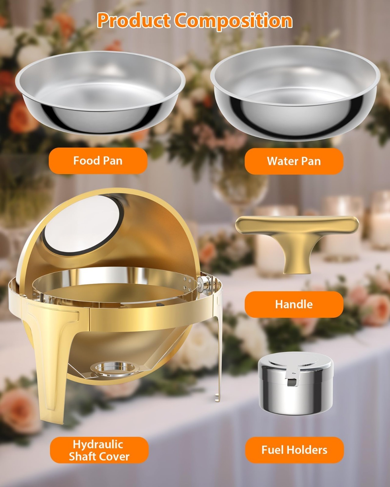 Gold Round Roll-Top Chafing Dish Set Commercial Stainless Steel Buffet Warmer