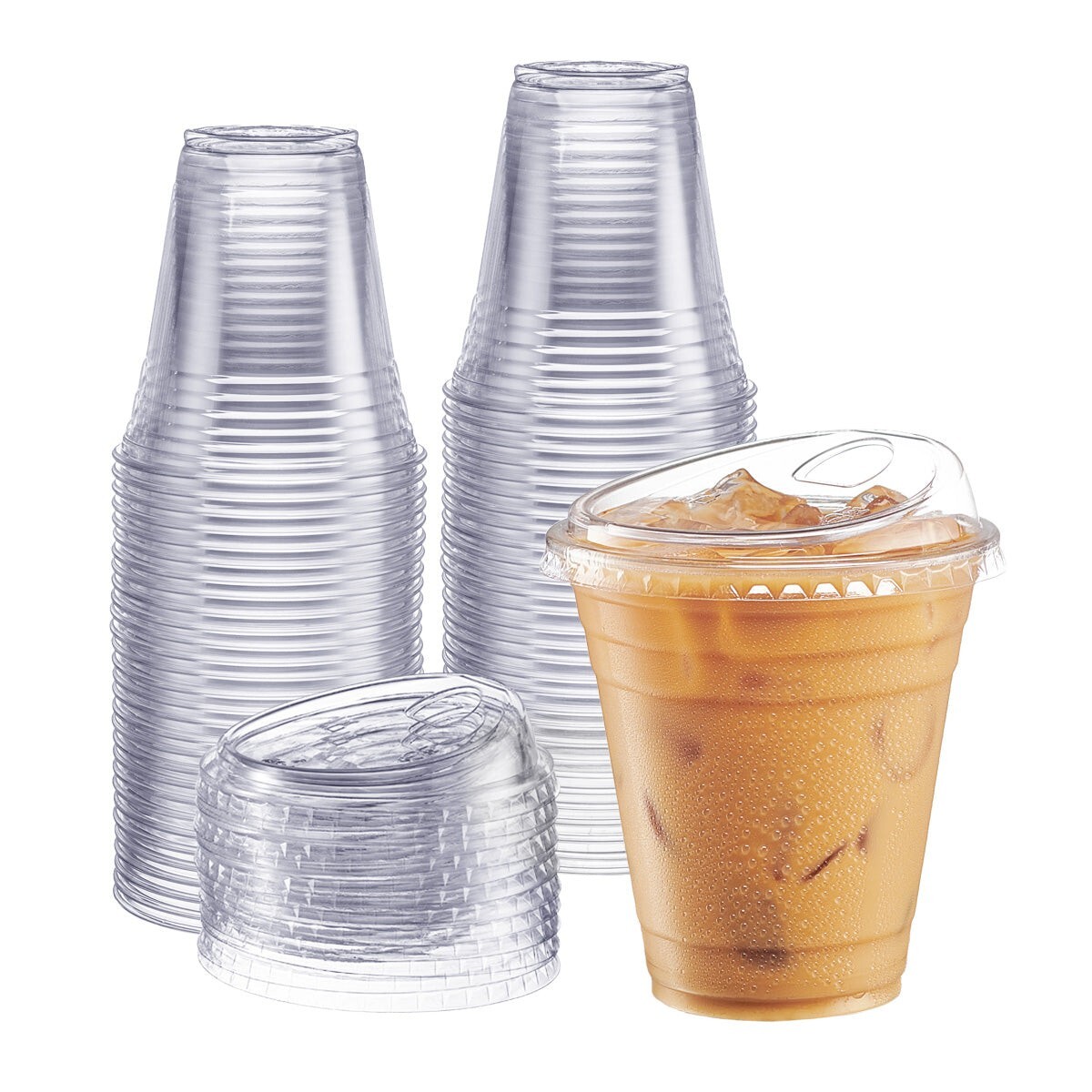 Unicup 100 Sets [12oz] Crystal Clear Plastic Cups with Strawless Sip-Lids