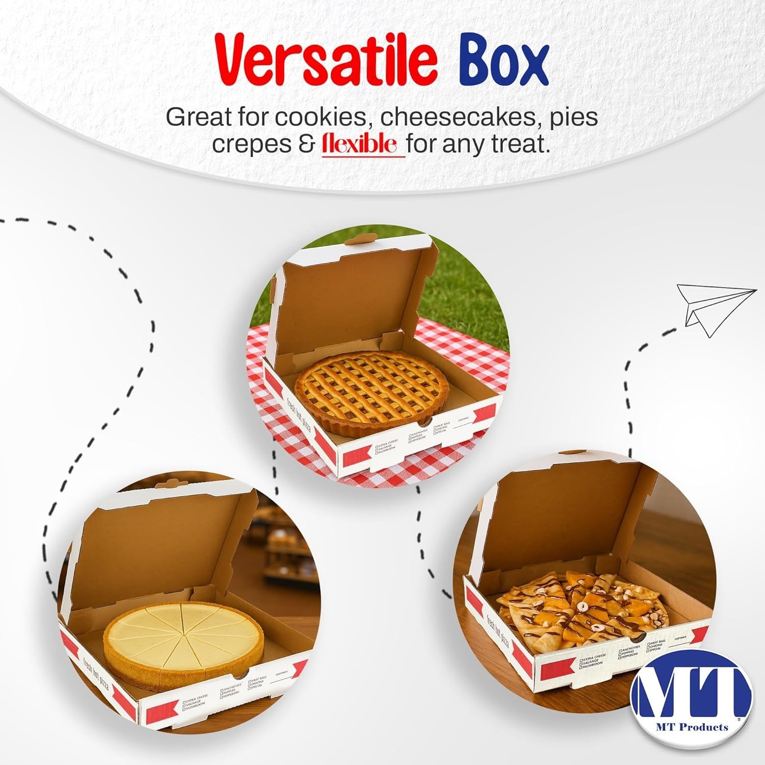 MT Products White and Red B-Flute Pizza Boxes 16″ x 16″ x 2″ – Pack of 10