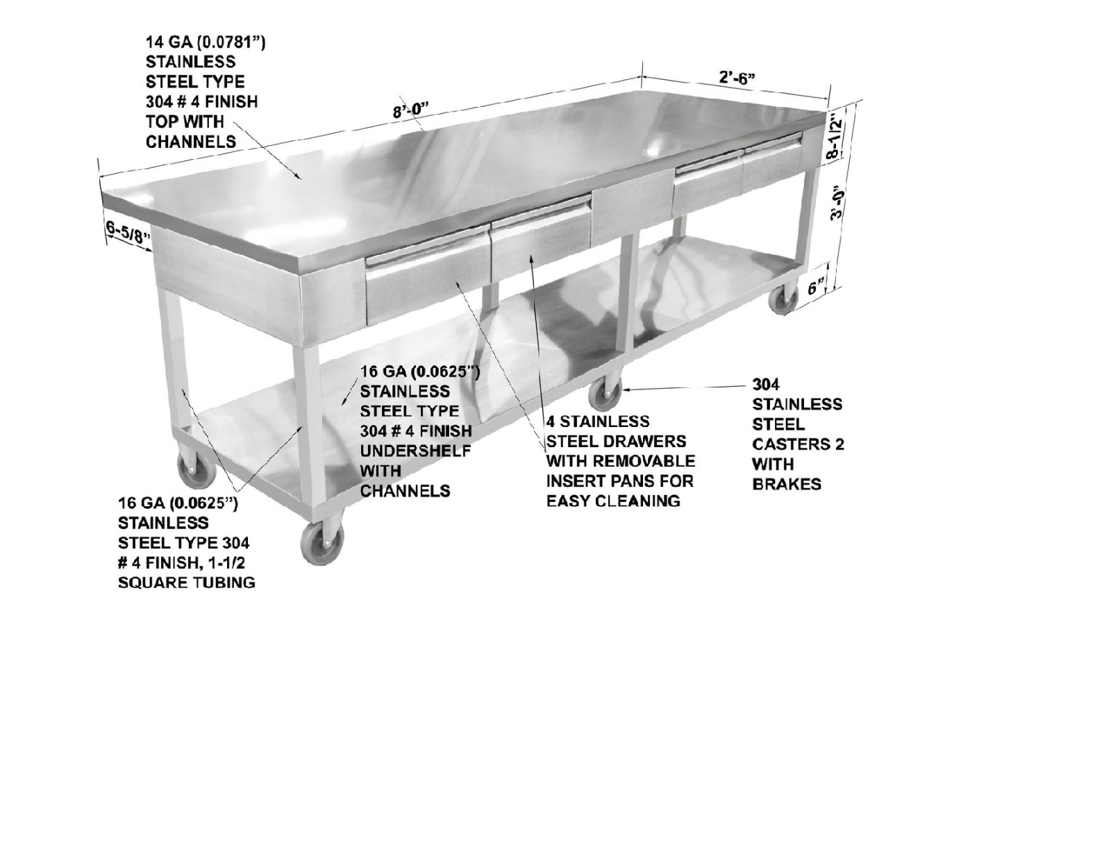HEAVY DUTY STAINLESS STEEL PREP ISLAND TABLE 30″X96″ 4 DRAWERS, FULL UNDERSHELF
