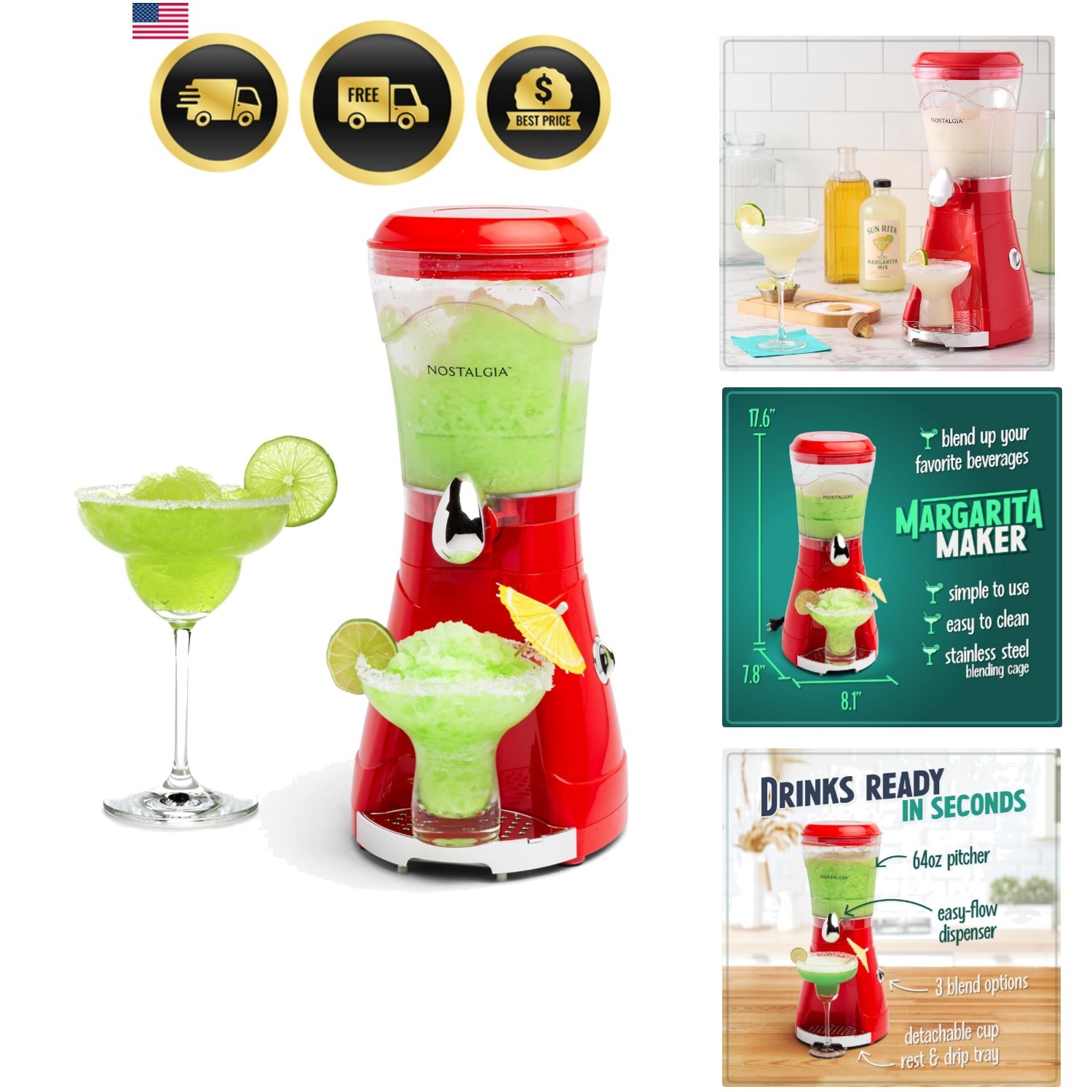 Margarita Machine Blender for Smoothies Slushies Daiquiris 64oz Red