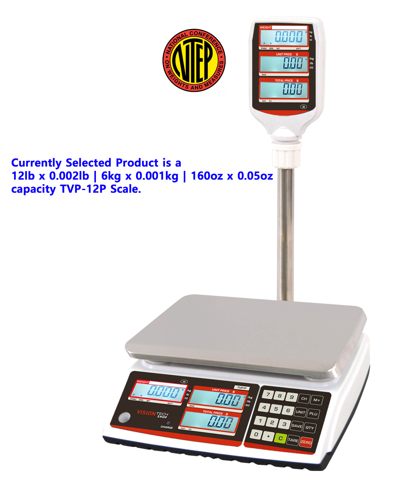 VisionTechShop TVP-12P Price Computing Scale with Pole Display, 12lb x 0.002lb