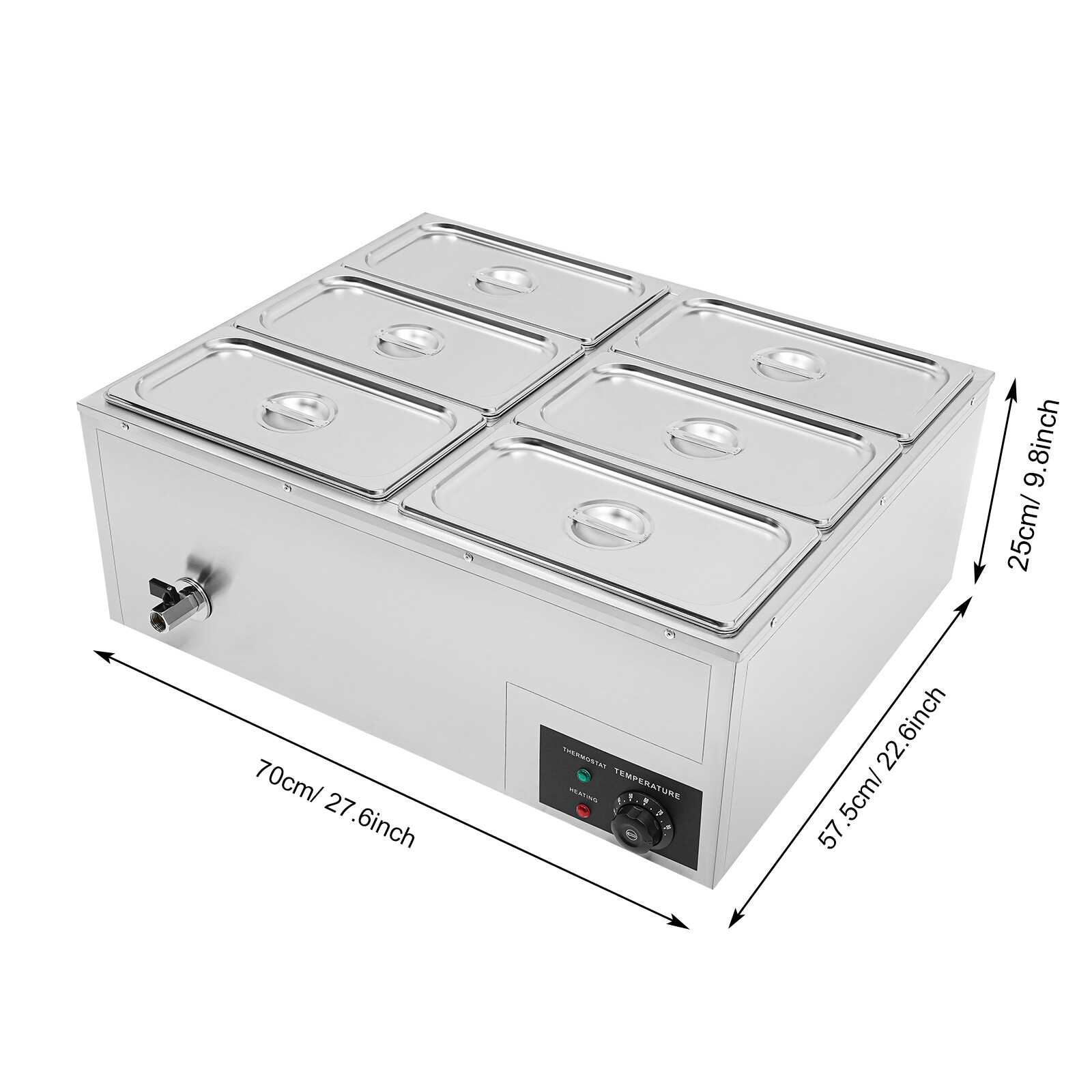 Electric 6-Pot Stainless Steel Food Warmer 850W 30–85°C Bain Marie Countertop