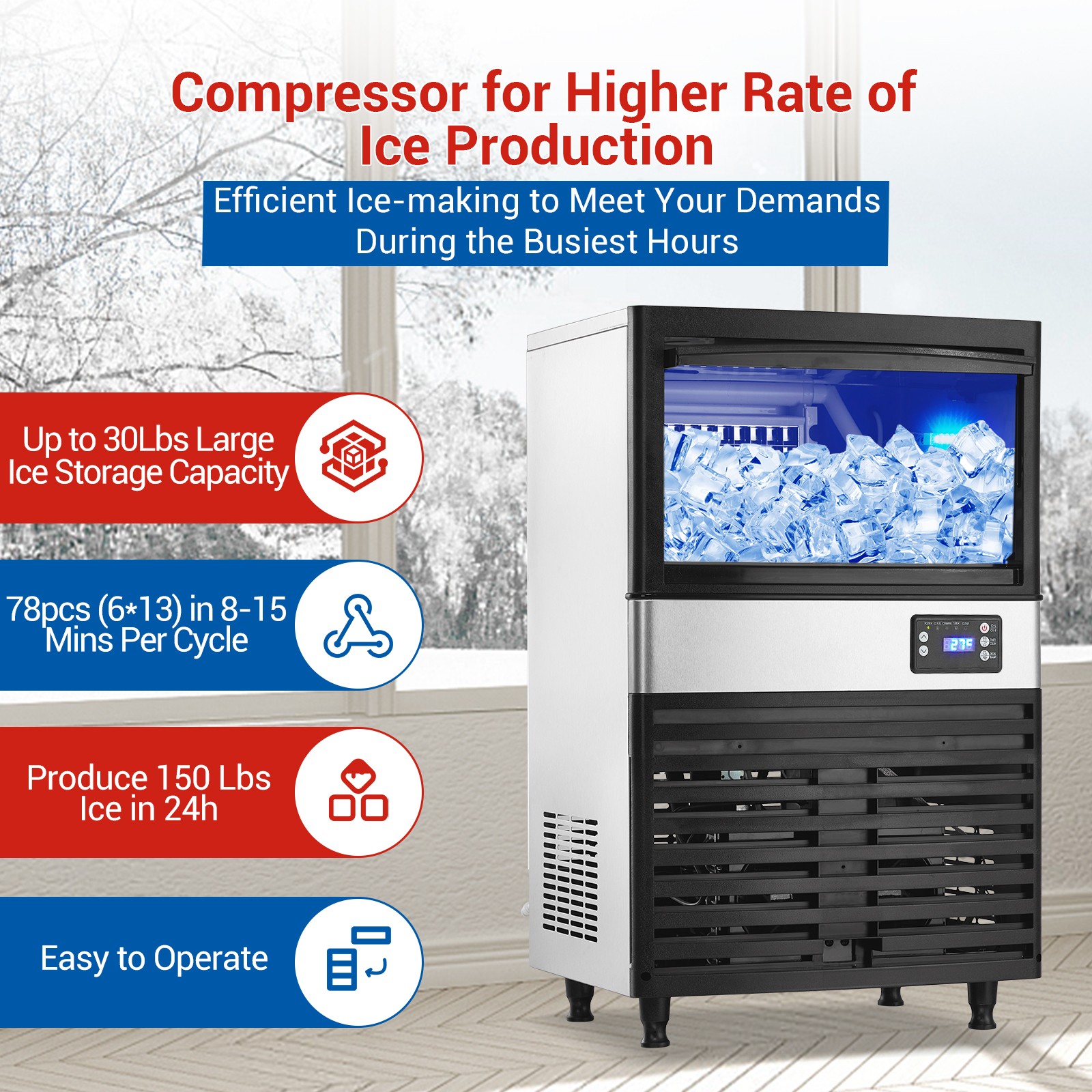 Commercial Ice Maker, 150lbs/24 Hours, Ice Maker Machine with 30lbs Storage Bin
