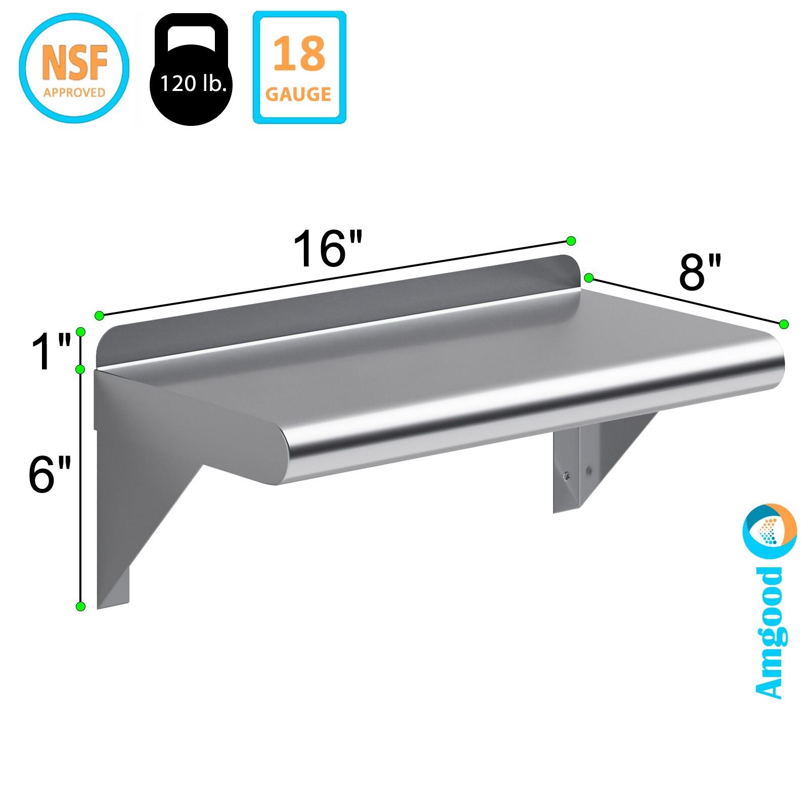 8″ x 16″ Metal Shelf | NSF Stainless Steel Wall Mount Floating Shelving