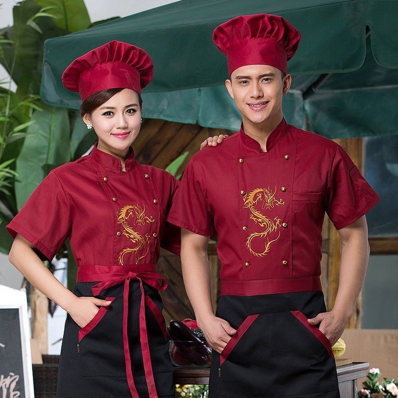 Men Women Chinese Dragon Printed Chef Apparel Uniform Jacket Coat Food Service
