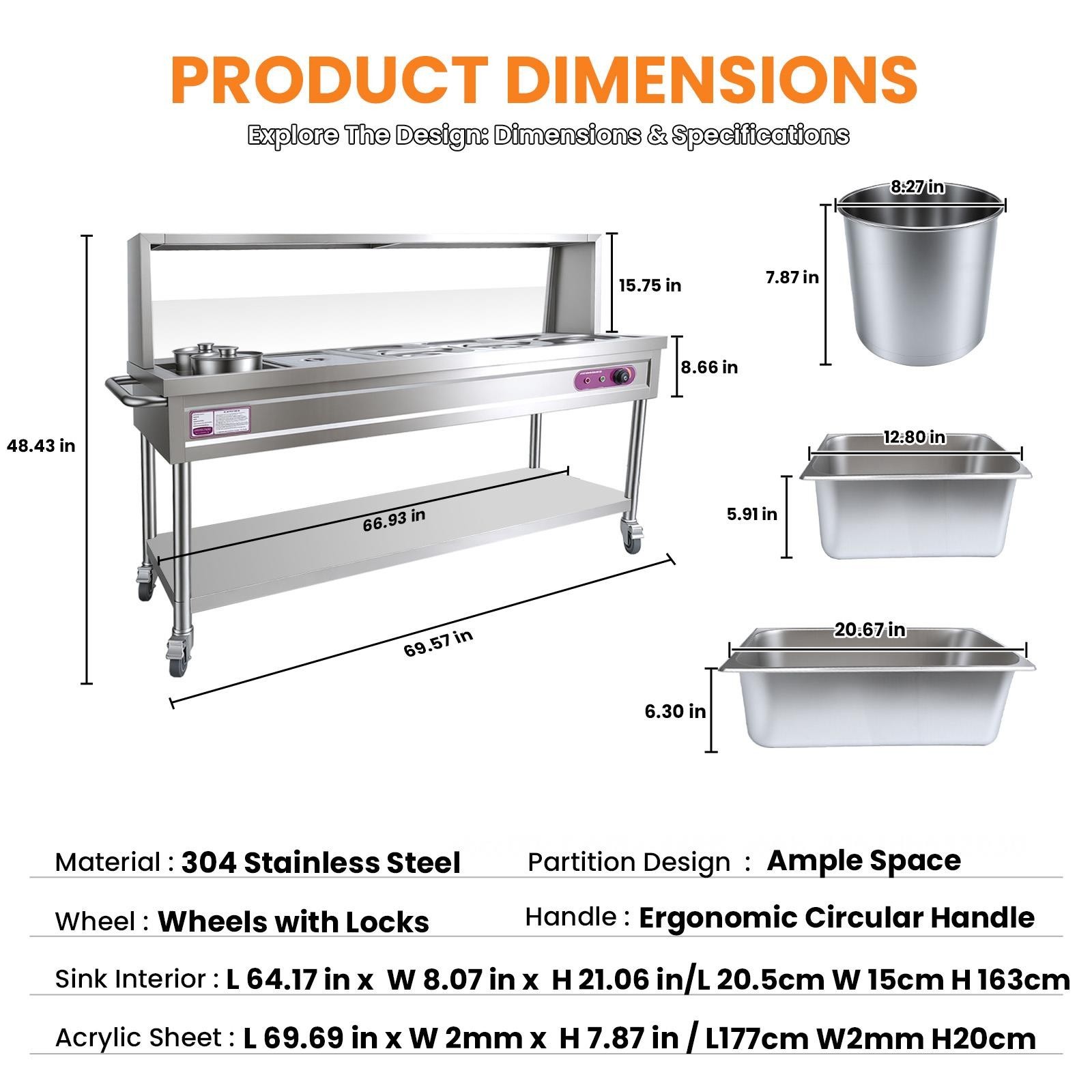 2500W Commercial Food Warmer 7 Pans + 2 Pots Electric Steam Table 86℉- 230℉