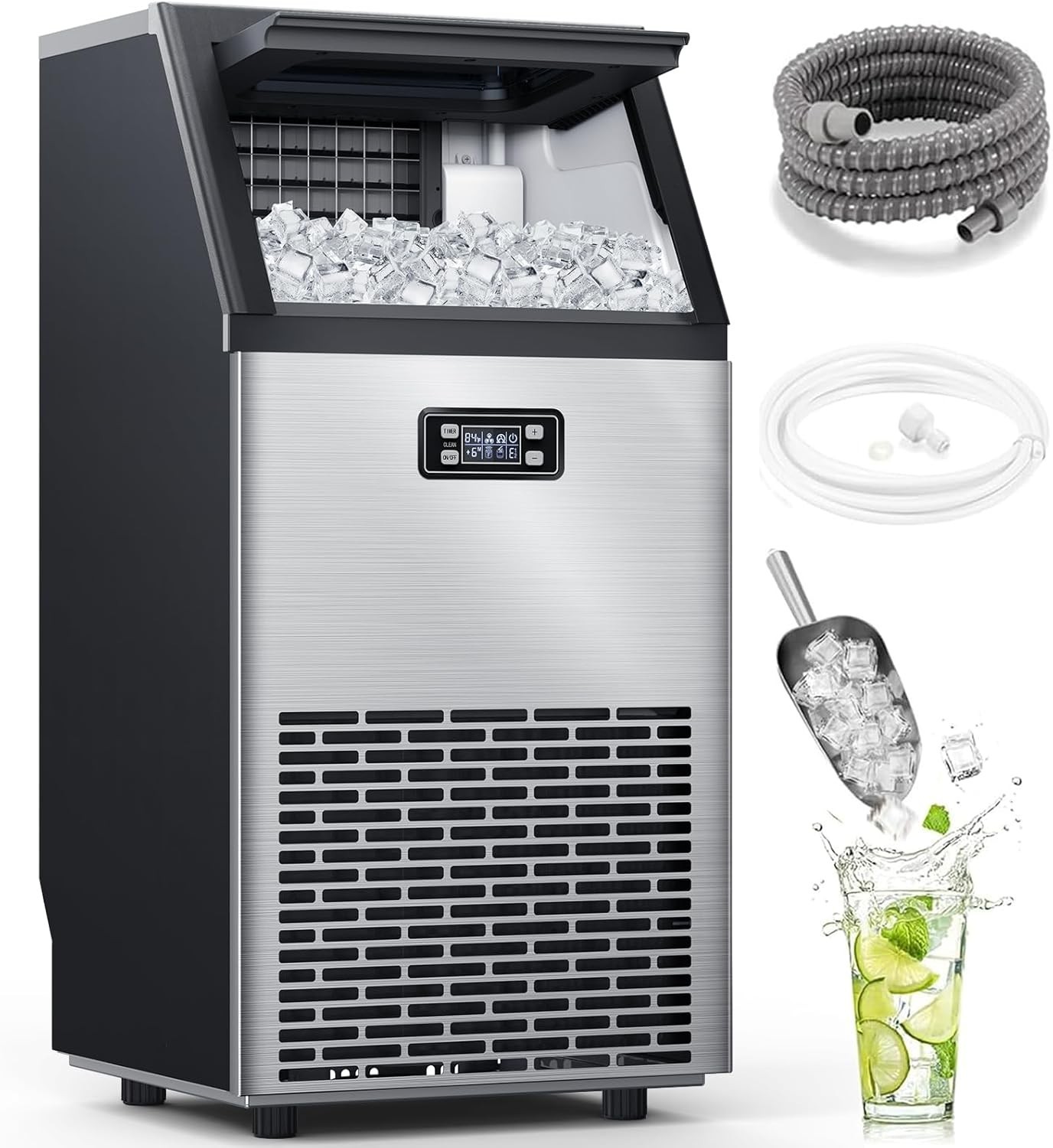 Commercial Ice Maker Machine,100lbs/24H Stainless Steel Ice Machine,33lbs Sto…