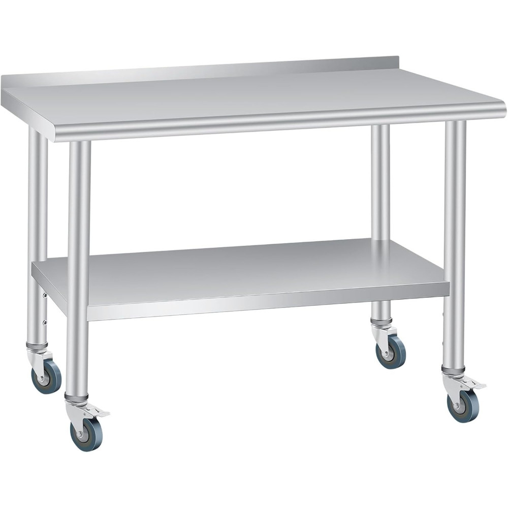 Commercial Stainless Table 60x24inch, Wheels & Backsplash, Adjustable Shelf