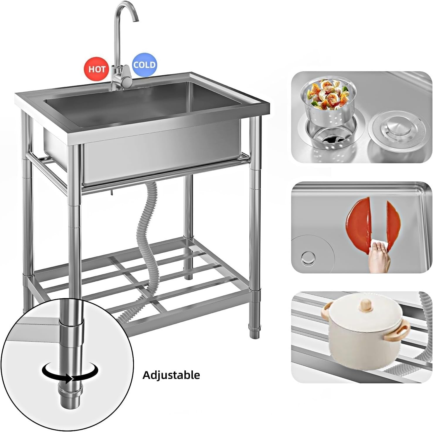 Free Standing Utility Sink Single Bowl Commercial Sink w/Cold and Hot Water Pipe