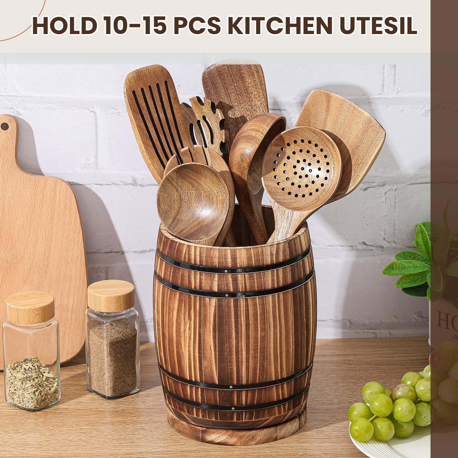 Honeydak Wooden Utensil Holder for Kitchen Counter, 360� Rotating Wine Barrel De