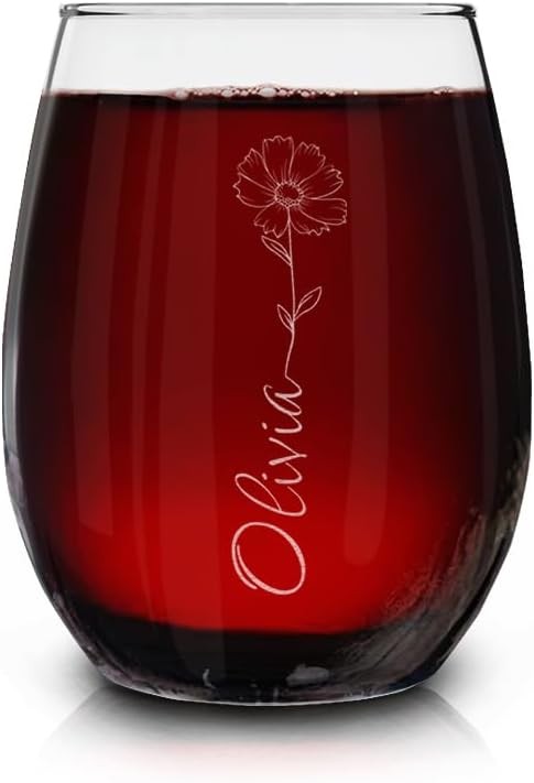Personalized Birth Flower Stemless Wine Glass – Custom Engraved Name or Monogram