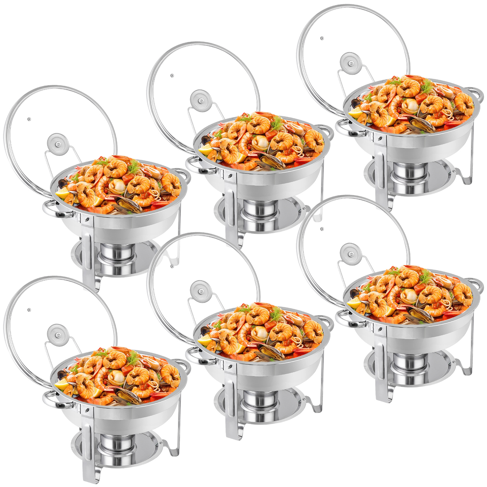 6 PCS 5Qt Stainless Steel Round Chafing Dishes Buffet Warmer Set with Glass Lid