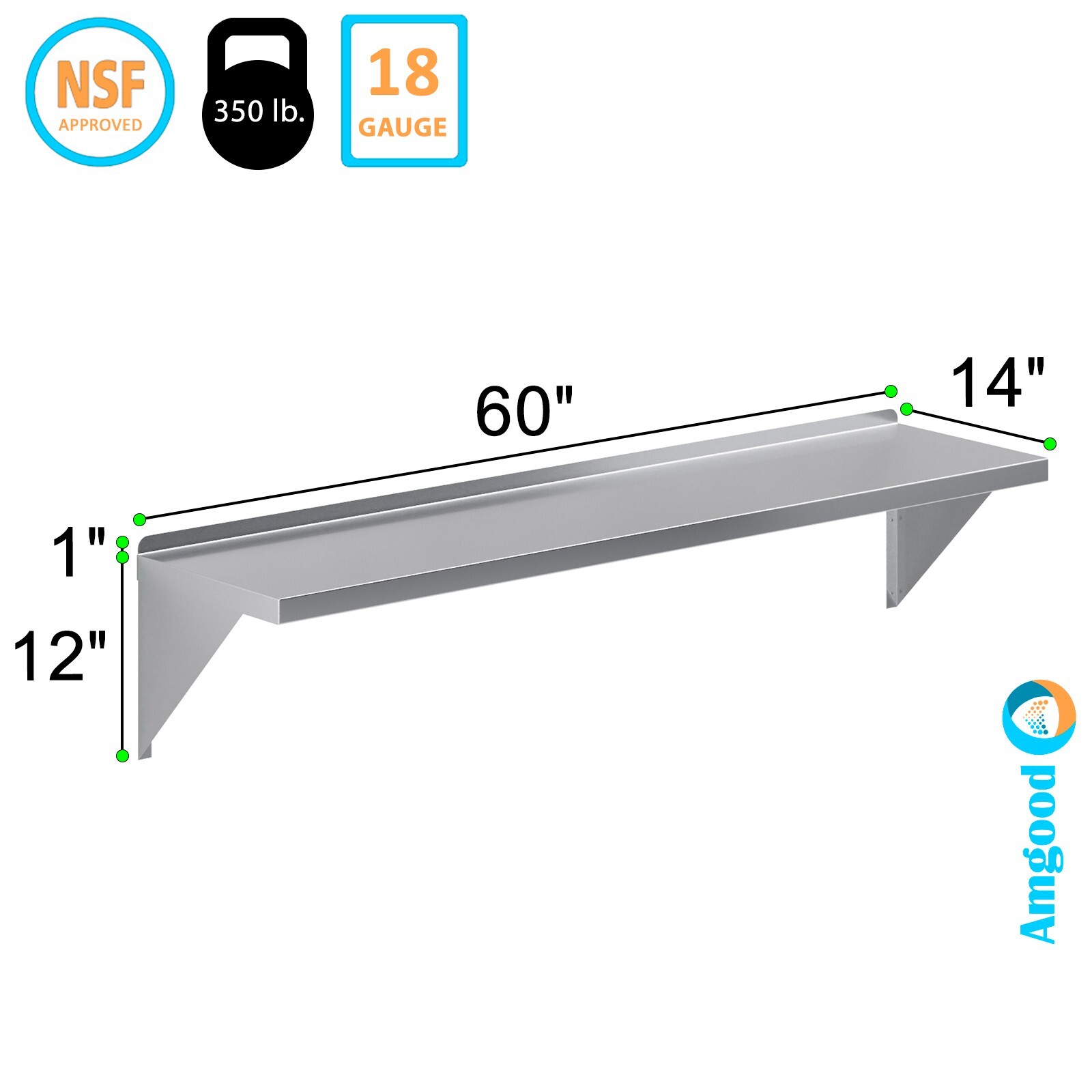 14 in. x 60 in. Stainless Steel Wall Shelf With Squared Edge