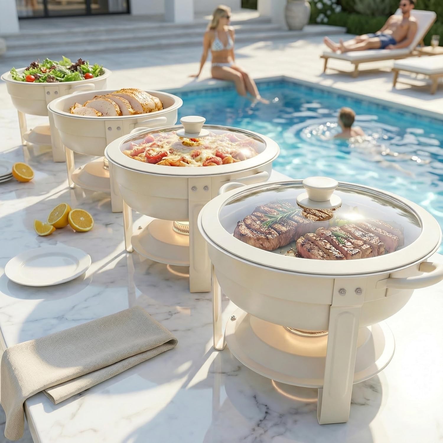 Chafing Dish Buffet 2-Pack 6QT Round Stainless Steel Chafer Set w/ White Granit