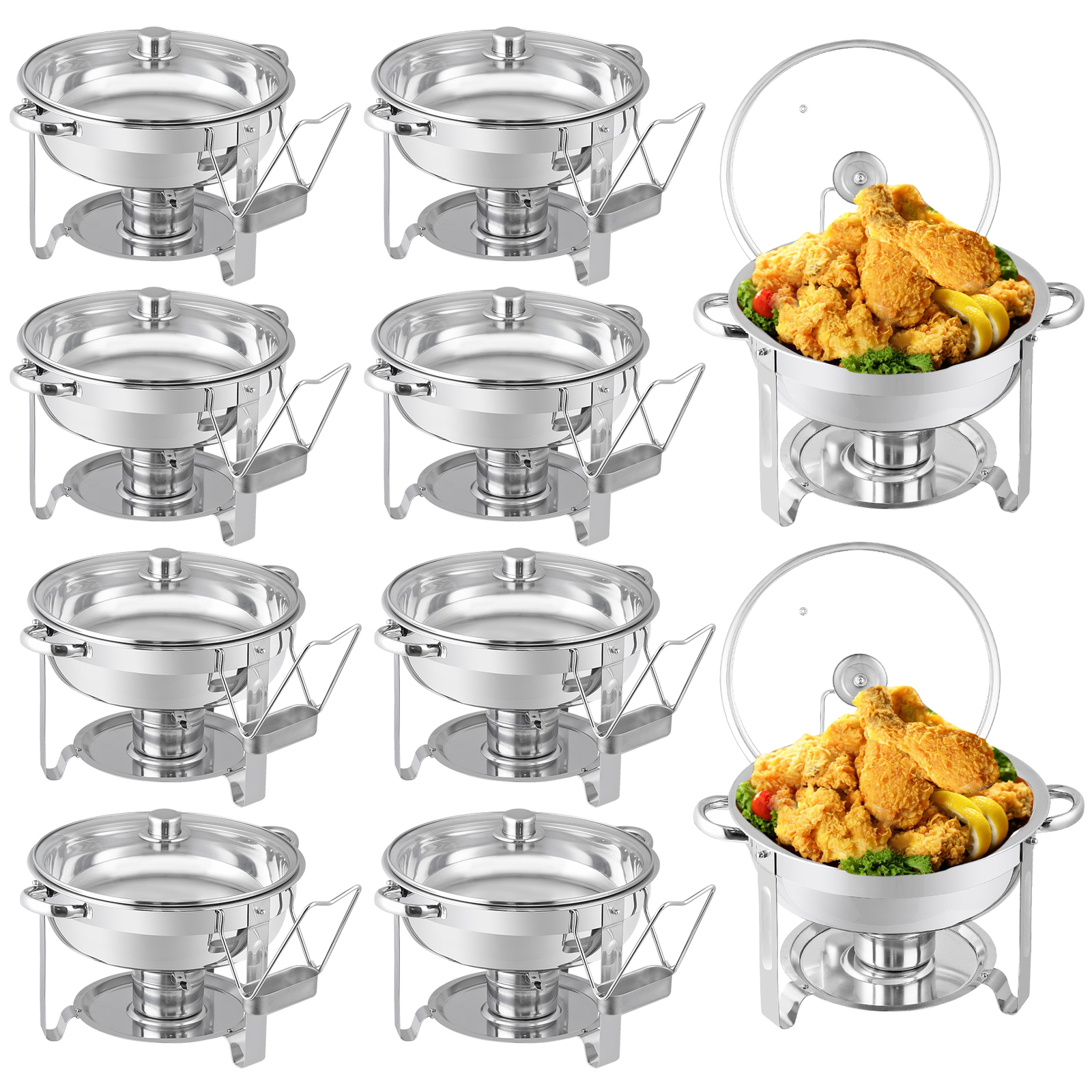 10PCS 5Qt Stainless Steel Round Chafing Dishes Buffet Warmer Set with Glass Lid