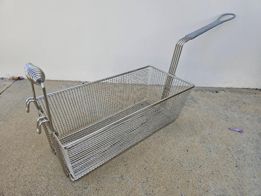 17″ x 8 1/4″ x 6″ Fry / Fryer Basket with Front Hook Grey Handle w/ Front Handle
