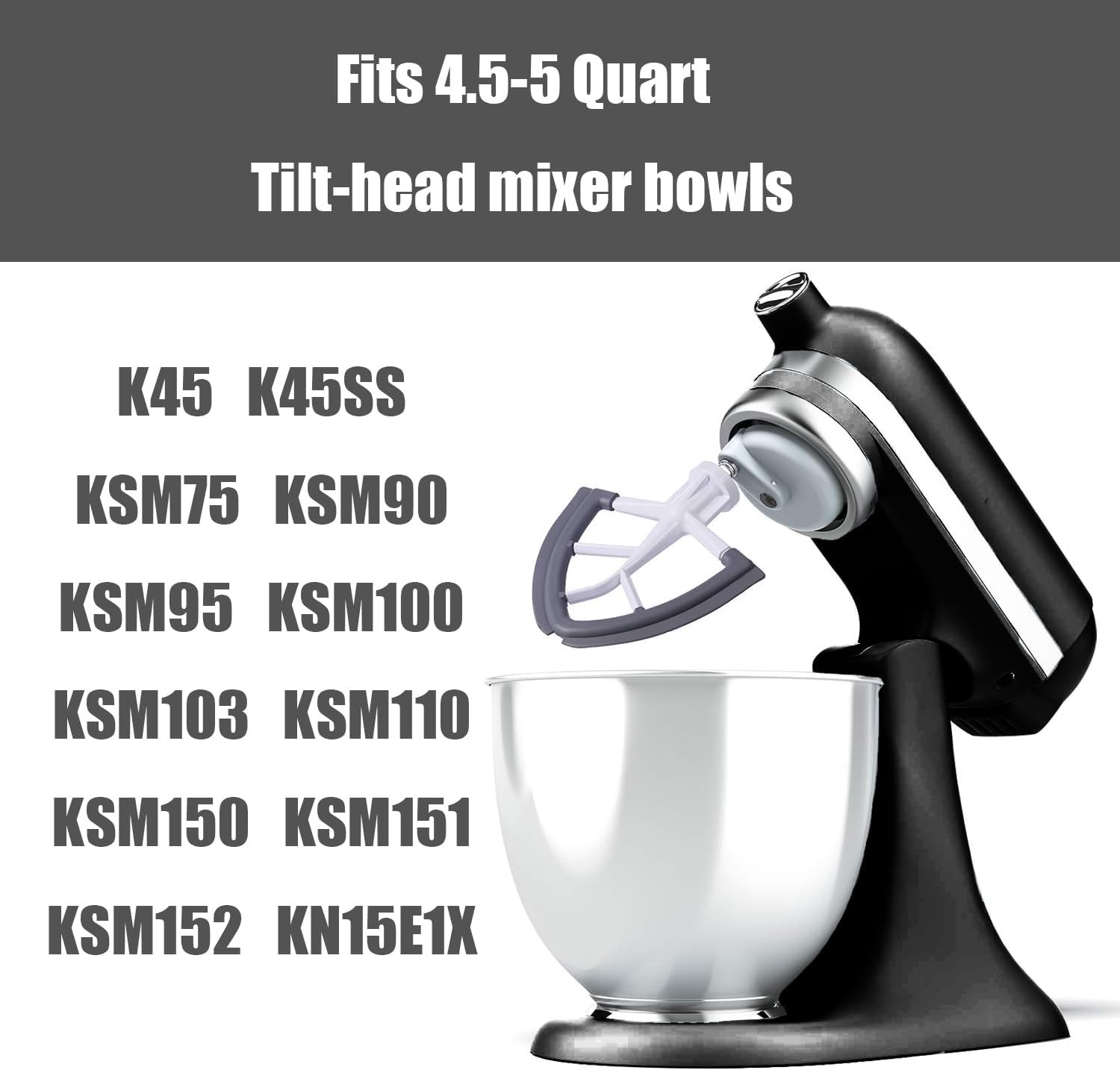 Flex Edge Beater for KitchenAid Mixer Silicone Edges Fits 4.5-5 Quart Grey